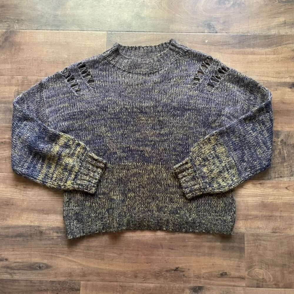 Lovestitch Marled Knit‎ Sweater Gray Yellow Pullover Distressed Detail